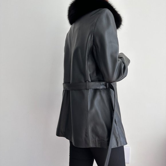 Vintage 100% genuine leather longline belted jacket w fur hood - Picture 4 of 8